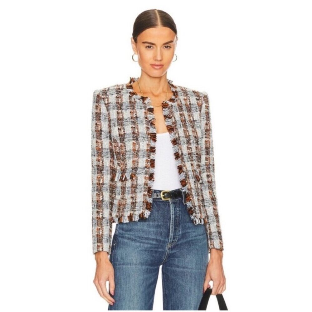 L'Agence Angelina Tweed Wool Blend Open Front Blazer in Blue/Orange Multi